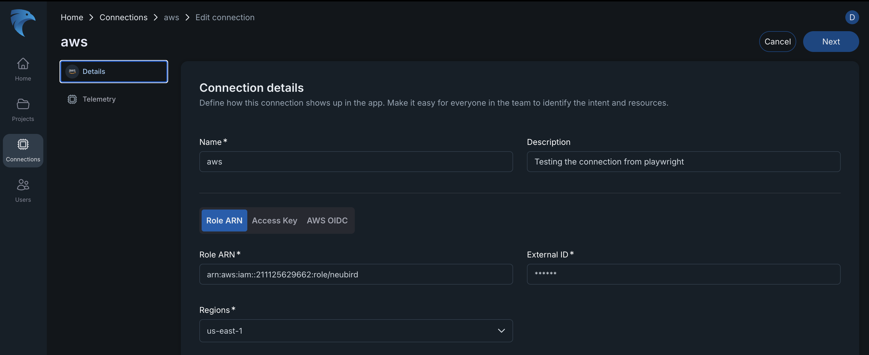 Edit Details connection options