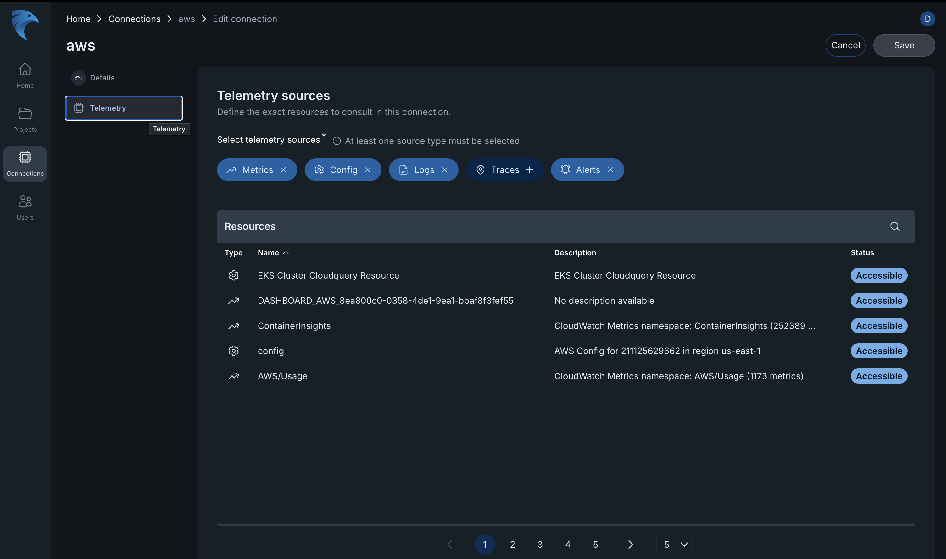 Edit Telemetry connection options