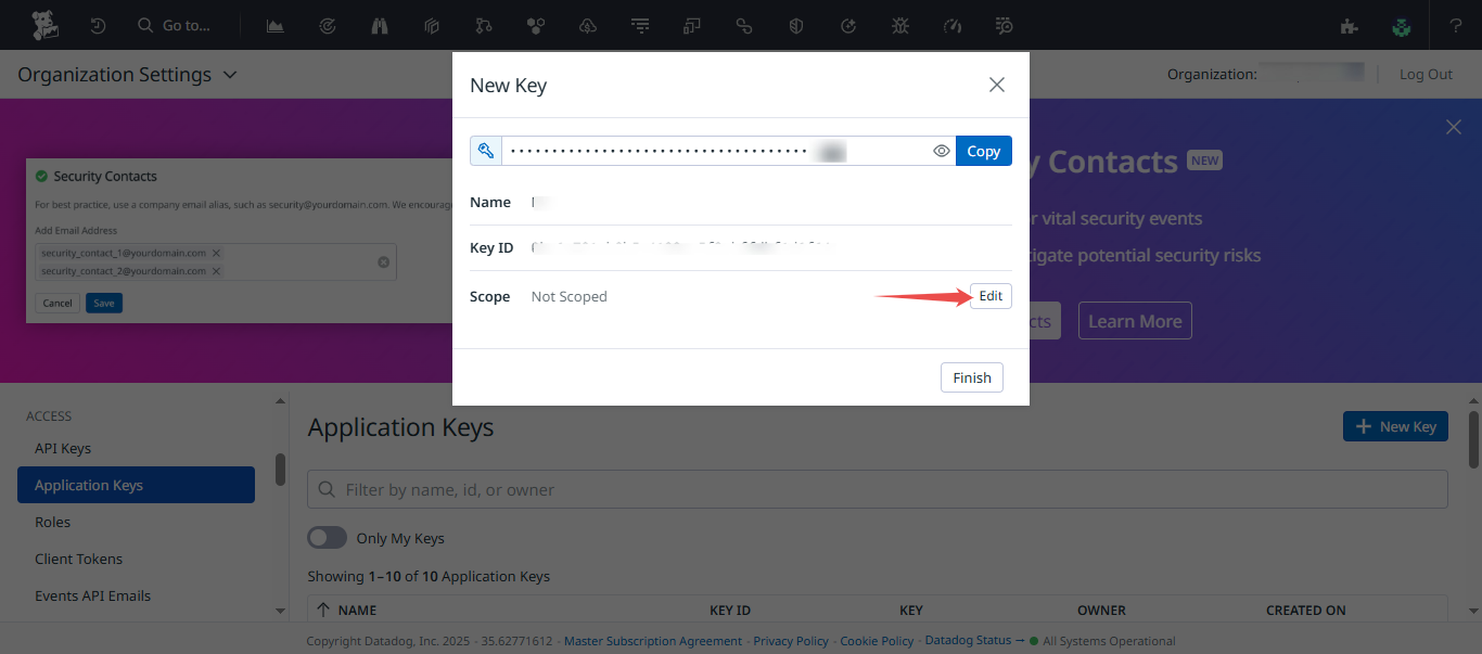 Modify Datadog application key access
