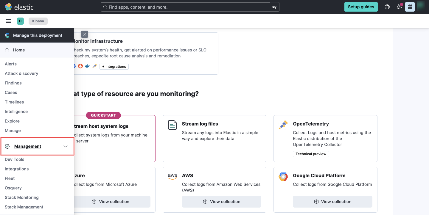 Kibana managemnt section