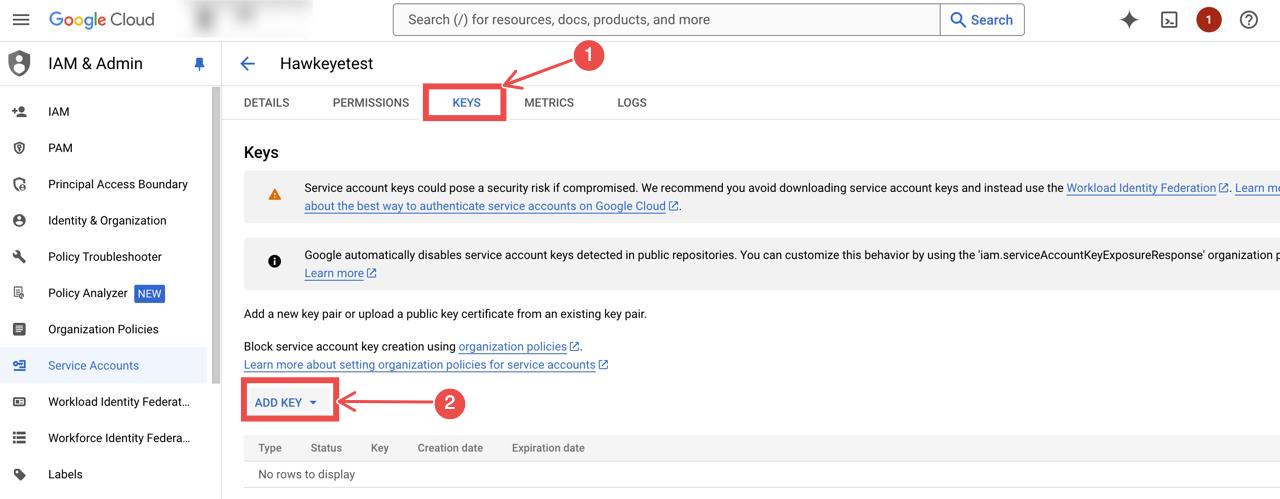 Create a key for service account