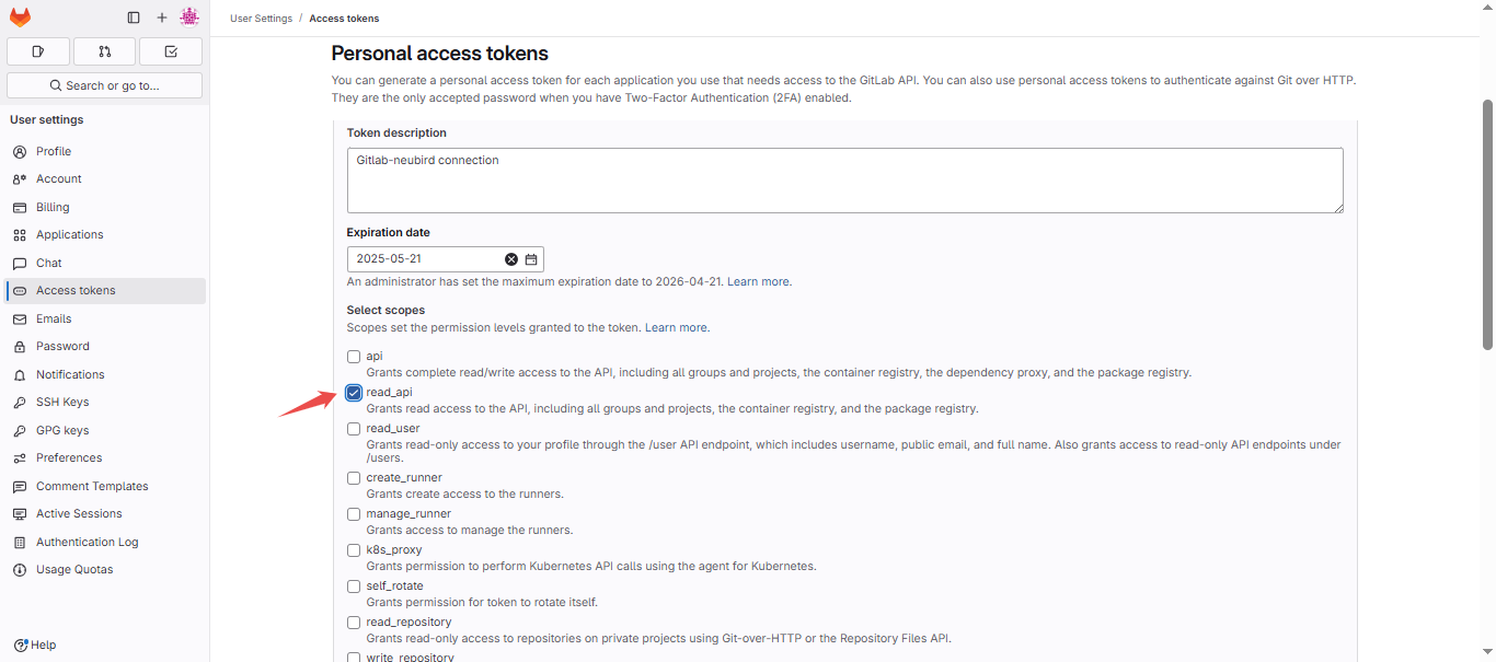 Access token scope selection