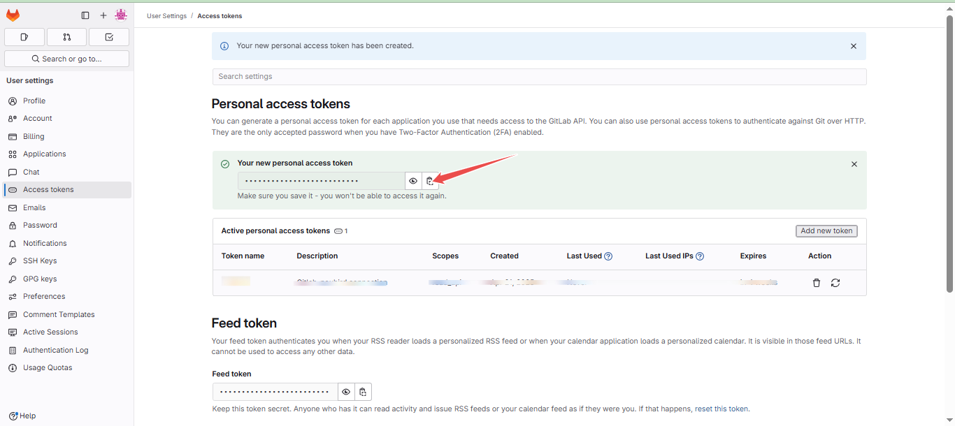 Copy personal access token