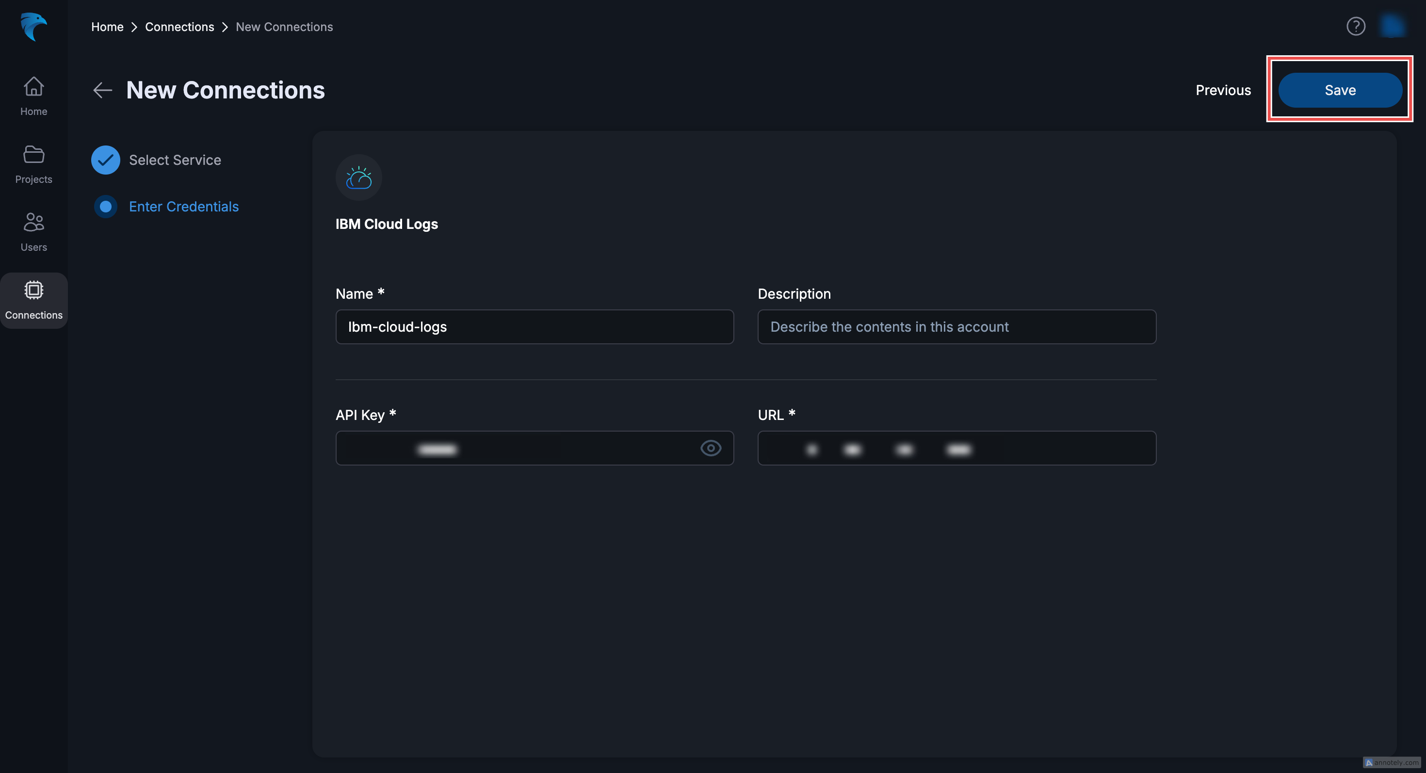 IBM Cloud Hawkeye Fill Connection Page