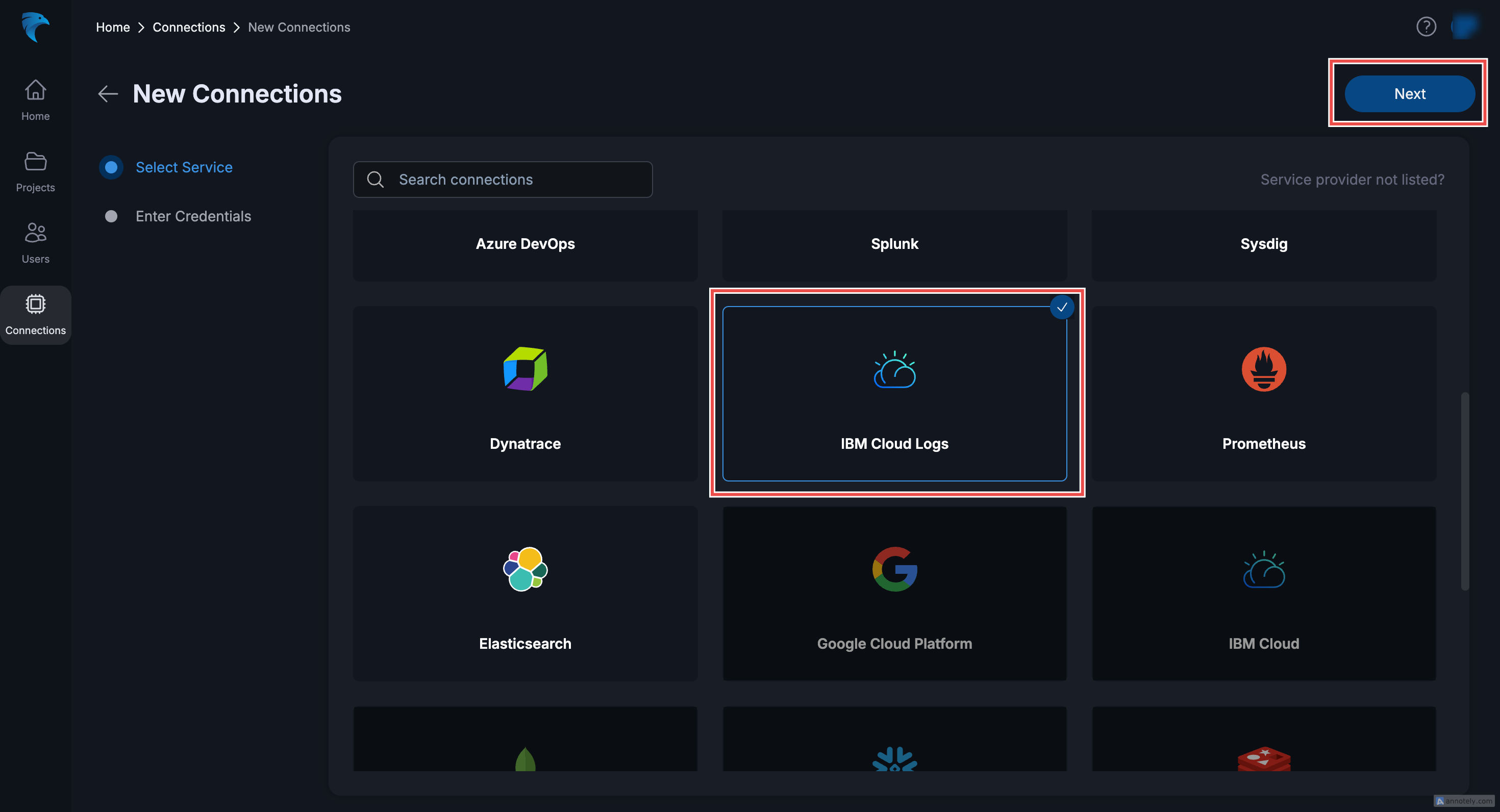 IBM Cloud Hawkeye Select Connection Page