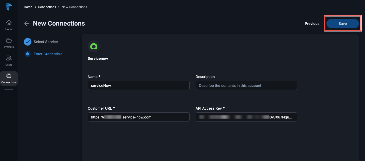 Enter ServiceNow connection details