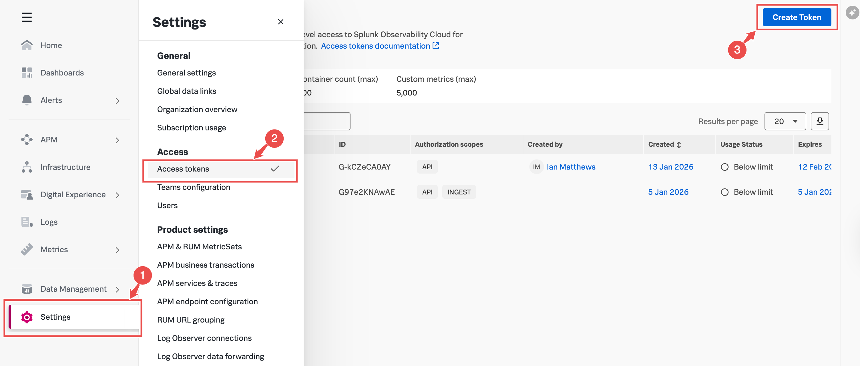SignalFX API token page