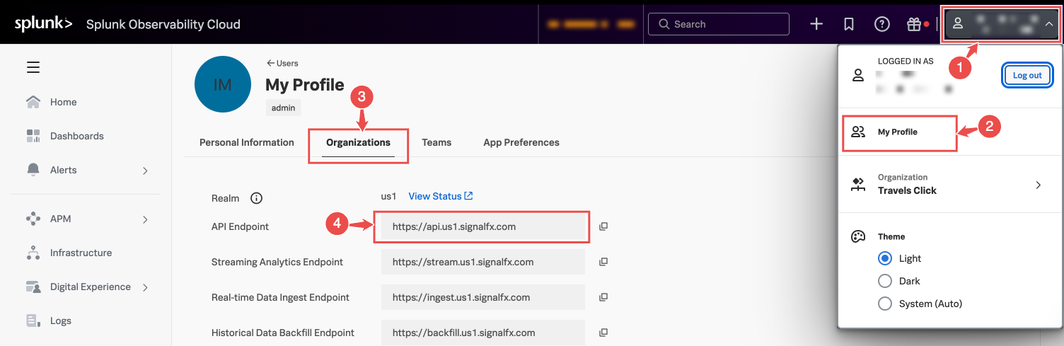 SignalFX API token page