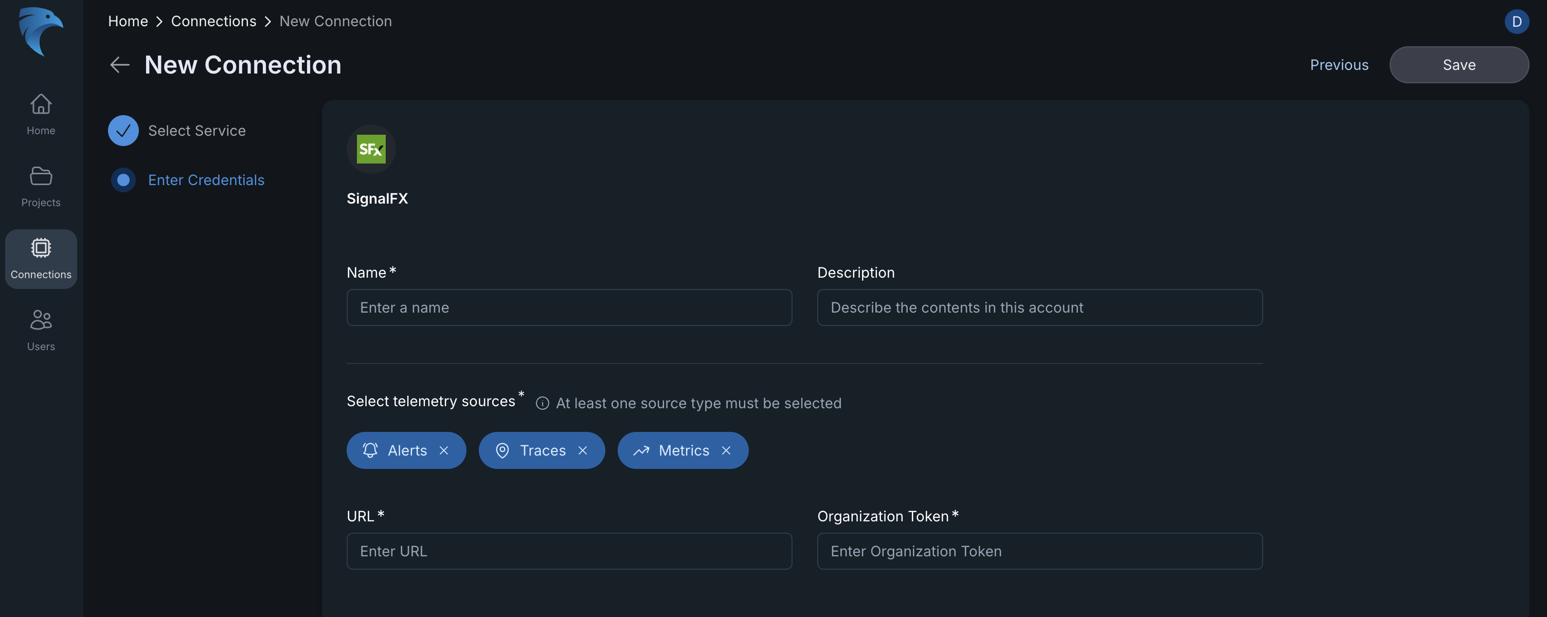 SignalFx new connection dashboard page